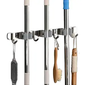 Multifunctional bathroom mop clip hook, stainless steel wall-mounted mop and broom holder — suitable for kitchen, bathroom, and garden; laundry room organization and storage. Includes slots and hooks. Durable, multifunctional cleaning tool storage hooks.