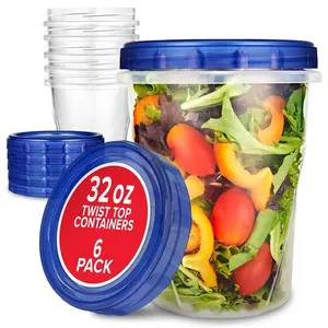 Stock Your Home 32oz Plastic Containers with Twist Top Lids (6 Pack), Quart Freezer Containers with Airtight Lids for Leftover Food, Microwave and Dishwasher Safe