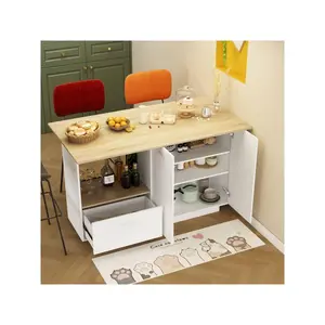 FUFU&GAGA  59.1" L Kitchen Island with Lots Storage & Brown Counter Top, Wood Kitchen Prep Table Stationery Storage Cabinet with Drawers, Shelves & Doors for Dining Room Furniture Modern