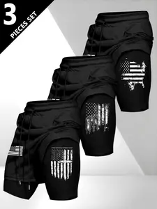 Men's Drawstring Waist Two-Piece Shorts, American Flag Print, Summer Sporty Mesh Fabric, Comfortable Daily Wear 3 Piece Set