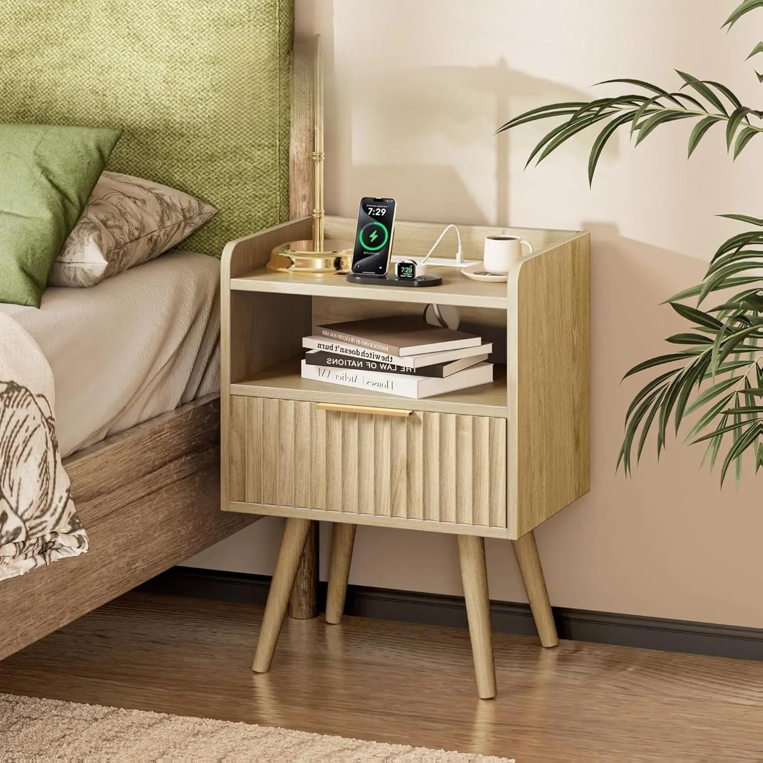 Huuger Modern Bedside Table - Modern Furniture with Charging Station, USB-C Port, USB Ports, Large Fluted Drawer, Solid Wood Legs, Open Storage End Table for Bedroom