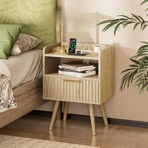 HUUGER Nightstand with Charging Station USB-C Port Fluted Drawer Solid Wood Feet Open Storage End Table for Bedroom
