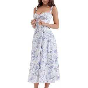 Women's Summer Puff Sleeve Floral Split Maxi Dress Floral Corset Dress Flowy A Line Short Milkmaid Dress for Spring Summer Casual Beach Long Dresses