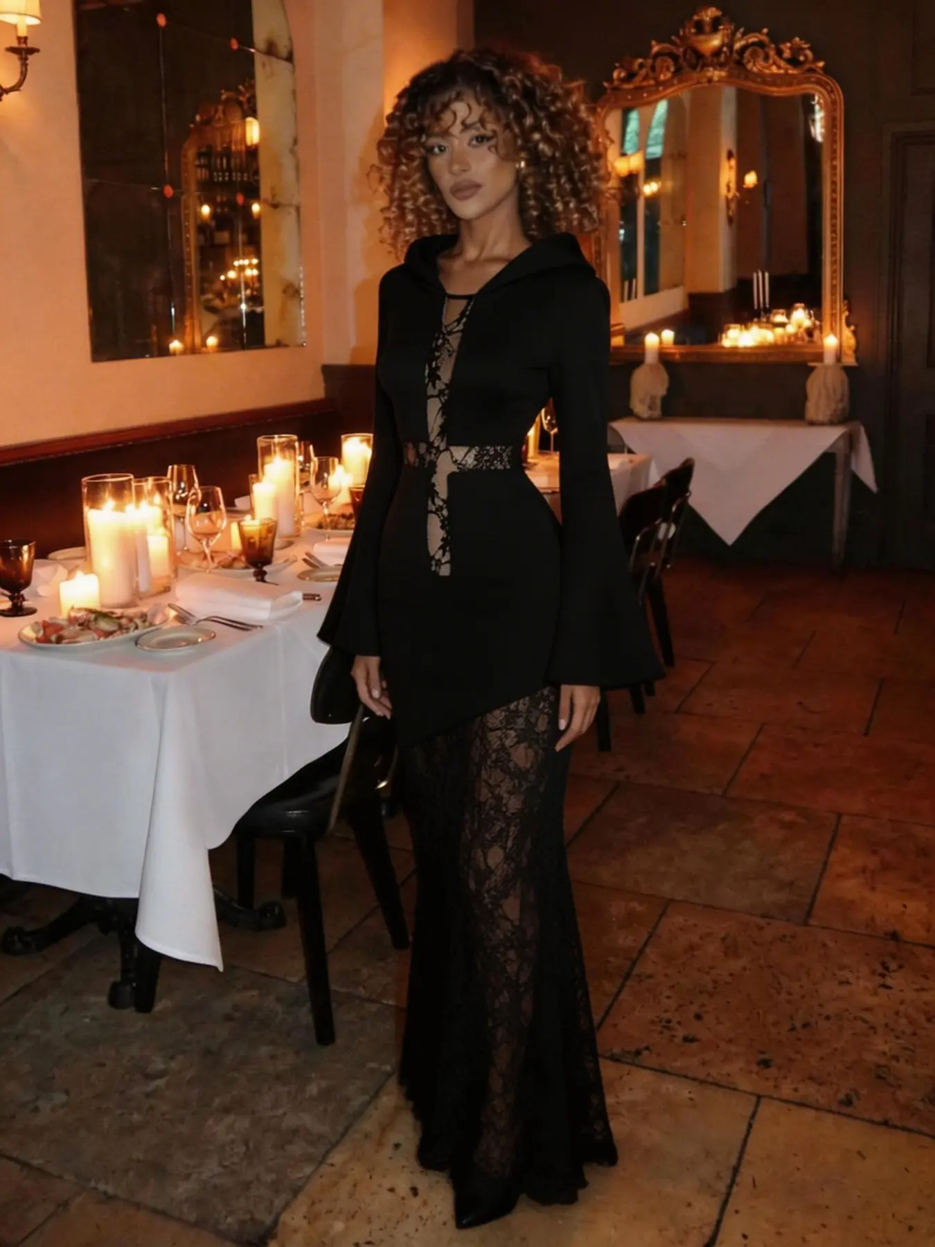 Women's Halloween Costumes Retro Dark Cross Cutout Lace Hooded Bodycon Dress, Stylish Gothic Elegance for Festive Occasions, Unique Fashion Statement Clothes