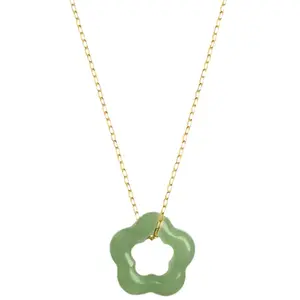 Hollow Carved Flower Shaped Pendant Necklace Natural Jade Dainty Choker