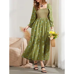 Women Long Dress, Long Sleeve Dress Square Neck Embroidery Flower Loose Swing Dress