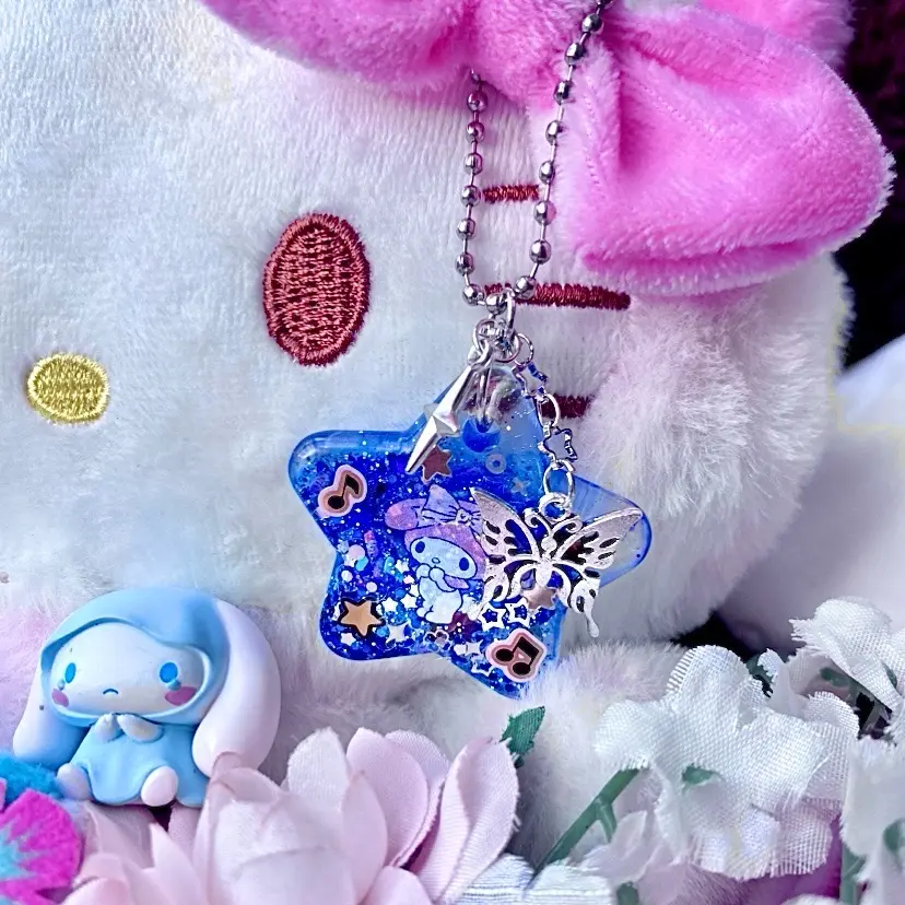 Handmade My Melody Sanrio Sparkle Resin Keychain with Star Chain and Butterfly Charm