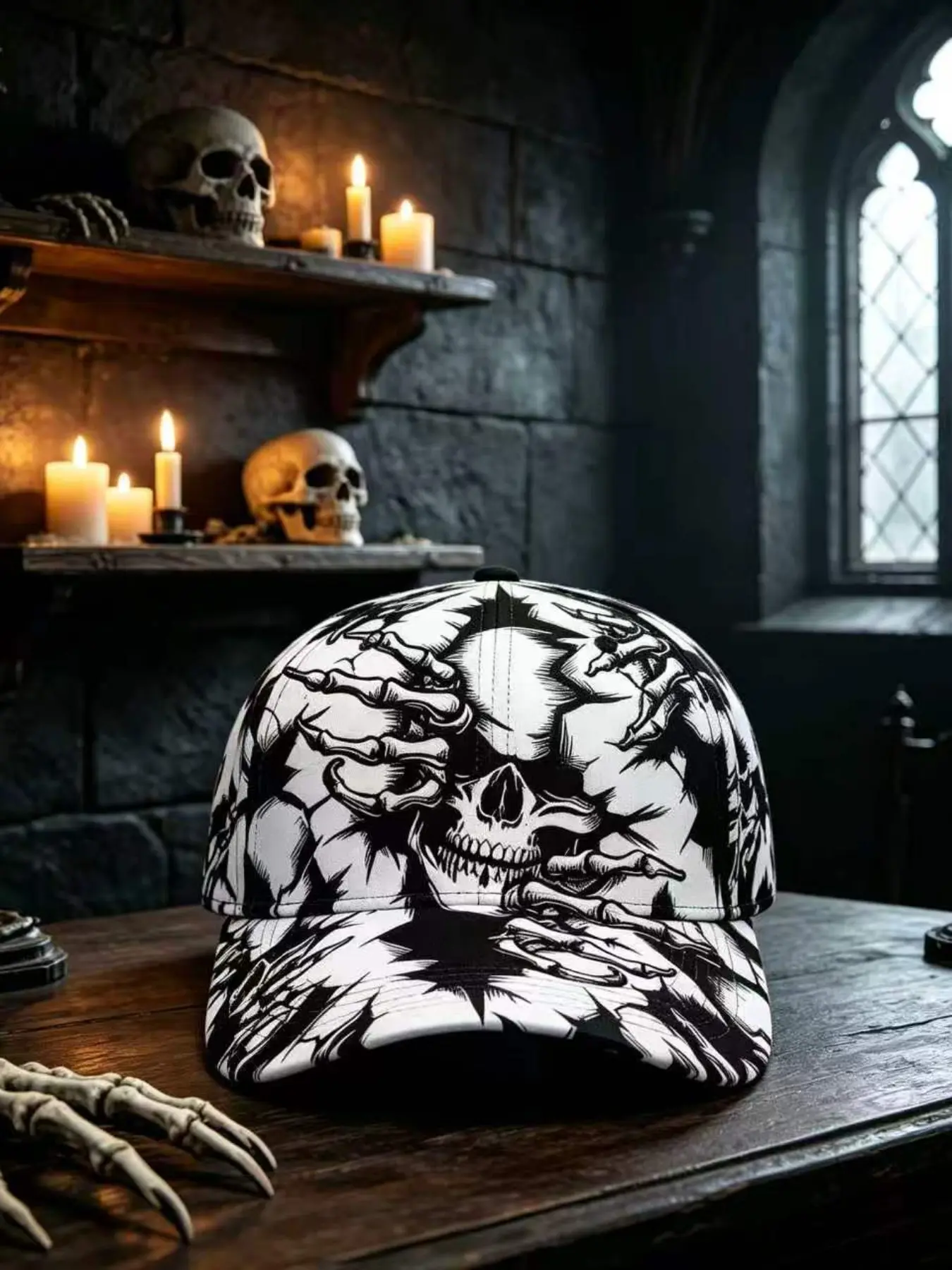 Skull Claw Comic Print Baseball Hat, Streetwear Hip Hop Style, Unisex Gothic Casual Sun Hat, Subculture Fashion Accessory, High Quality Hat