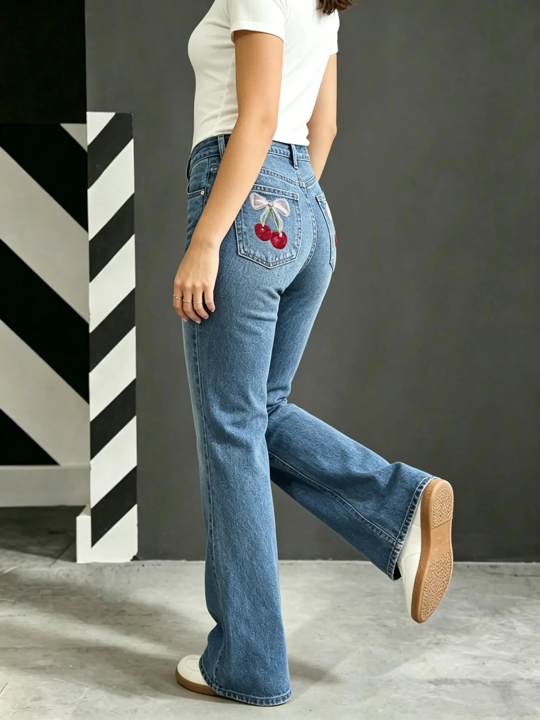 High Waist Light Wash Cherry Bow Embroidery Full Length Slim Flare Jeans