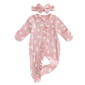Newborn Easter Baby Girl Outfit Bunny Onesie Premature Zipper Footies Long Sleeve Romper for Girls