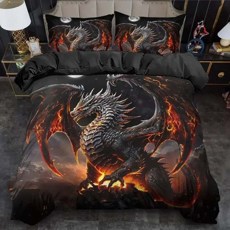 Flame Dragon Print Bedding Set, Printed Bedding Set, Theme Bedding Set, Decorative Bedding Set, Bedroom Bedding Set, Bedsheet Set, Soft Breathable Polyester Fabric, All-Season Use, Includes 1 Fitted Sheet + 2 Pillowcases