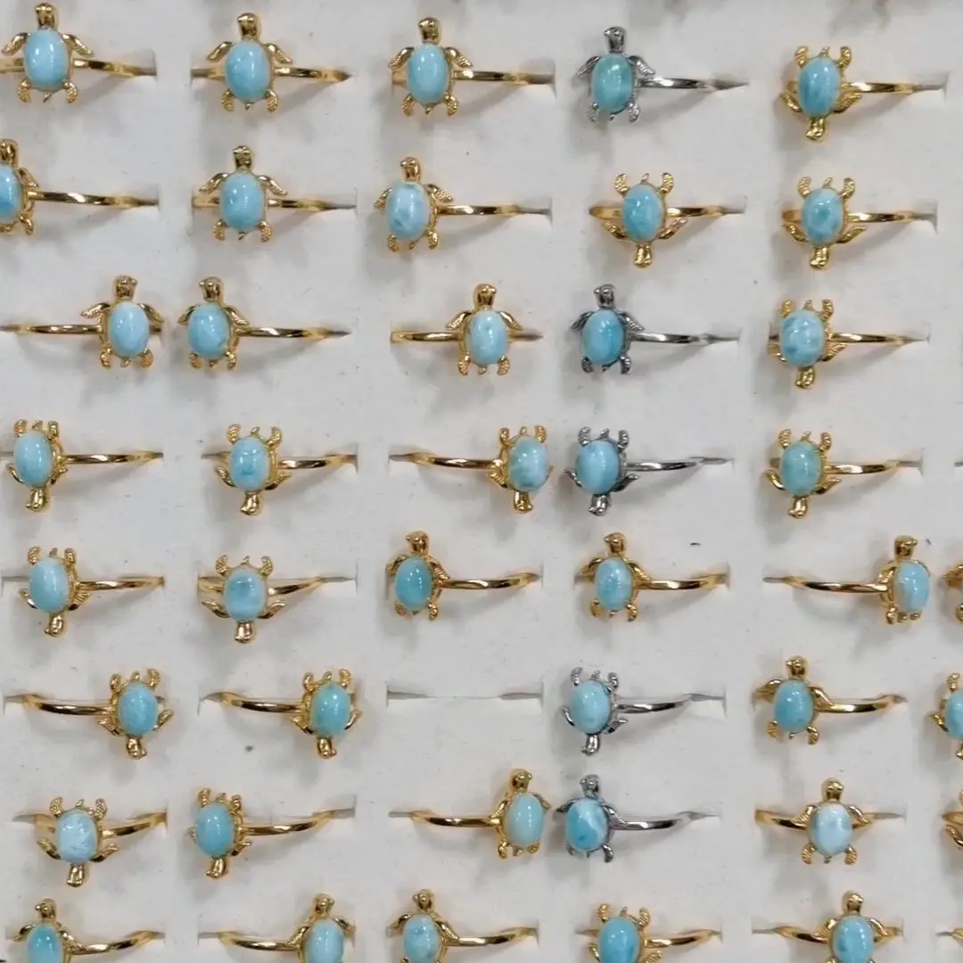 Ina(16116)gc.S925 sterling silver turtle-shaped rings in gold & silver tones, inlaid with natural larimar stones.