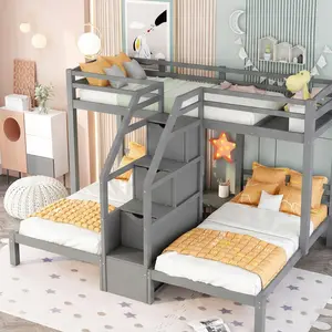 ARCH Twin over Twin Bunk Bed with Built-in Staircase and Storage Drawer, Gray Pine Wood Frame for Kids Bedroom, Space-Saving Design with Upper Shelf and Side Drawer, Sturdy Construction, Easy Assembly, Gray Color Options, Pine Material