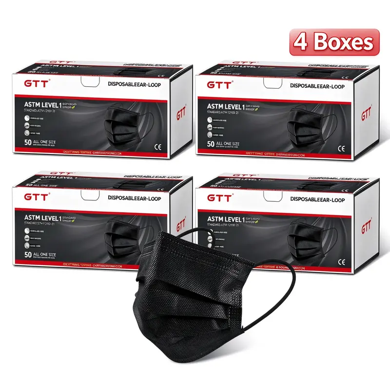 GTT Black Disposable 3-Ply Earloop Safety Dust Masks, ASTM Level 1 with Mask Fit, Breathable & Chemical Free, 4 Boxes (200pcs Total)