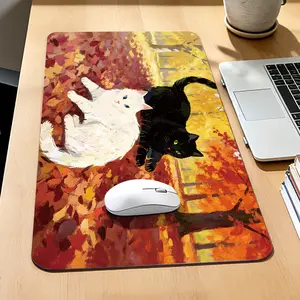 Premium Black and White Cats in Autumn Forest Illustration Mousepad, 40x80cm High-Quality Gaming Mousepad, Non-Slip Durable for Office Work & Daily Play