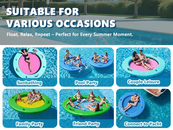 【Summervibes】Sun Chill 6FT/8FT/10FT Round Inflatable Water Hammock for Lake Beach Party, Heavy Duty Floating Dock Platform with Mesh, Fun for Adults & Kids Ages 3+, Inflatable Float Ring Raft for Pool & Lake Summer Party
