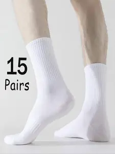 Men's Solid Crew Socks, Casual Moisture Wicking Mid Calf Socks, Soft Comfy Breathable Plain Socks for All Seasons Daily Wear