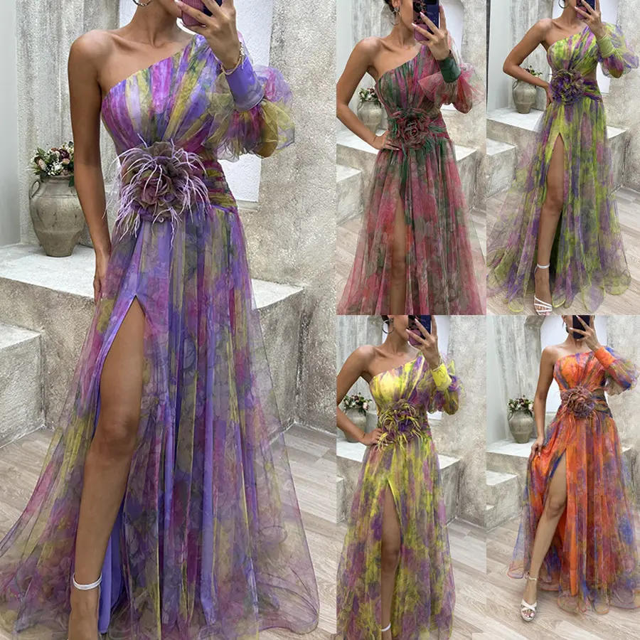 Women's Floral Maxi Dress, Elegant Asymmetrical 1-Shoulder Long Sleeve A-Line Gown, Mesh Party Fit for Going Out, Bachelorette Party, Lady, Outfit Of The Night, A-Line Cut, Walking