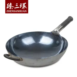 ZhenSanHuan Hand-hammered High-quality Chinese Wok Iron Handle (round bottom, preseasoned, iron handle, help handle)