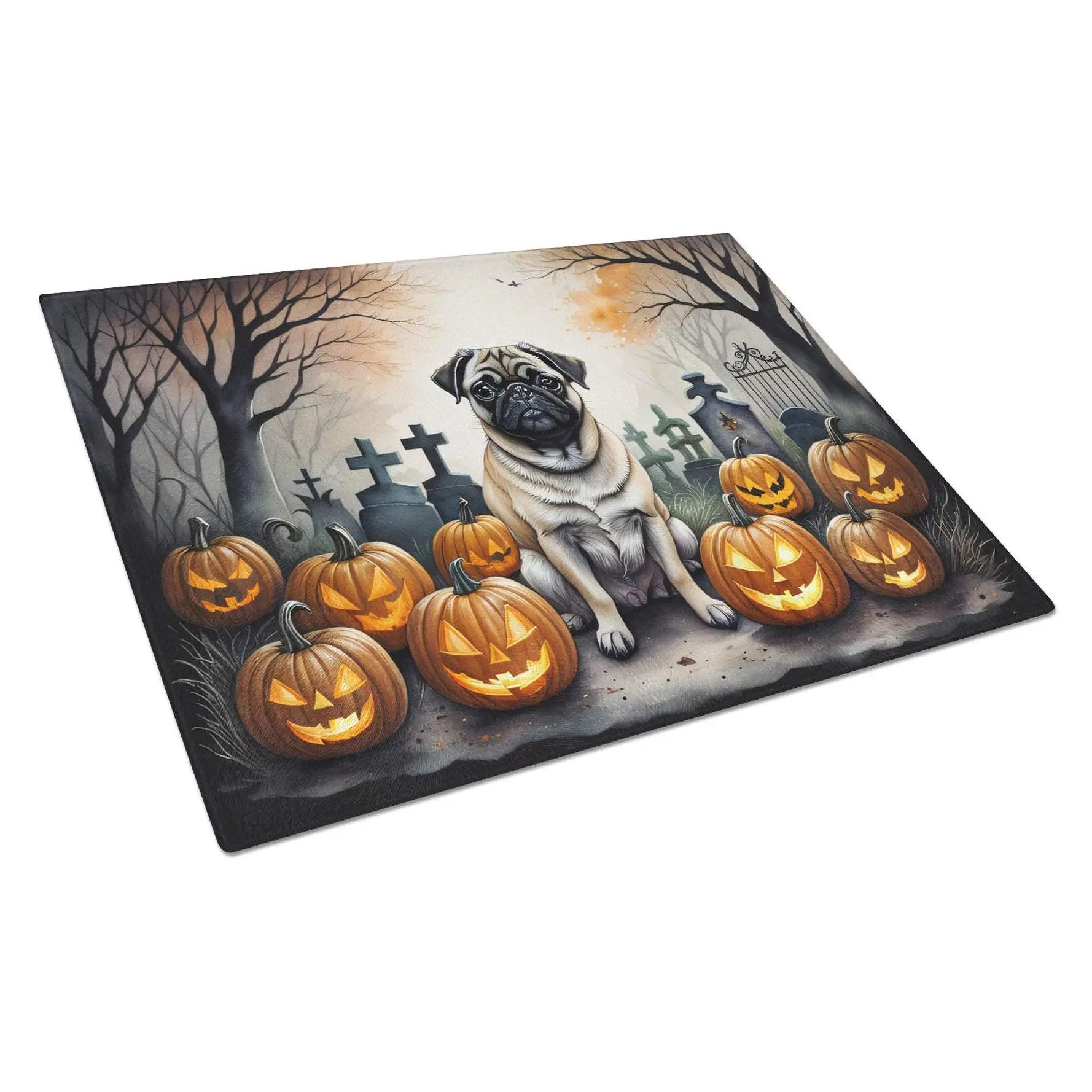 Large Tempered Glass Chopping Board - Fawn Pug Spooky Halloween Artist Print, Non-Slip Kitchen Cutting Board for Holiday Decor