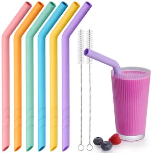NiHome 6-Pack Extra Wide Reusable Bent Silicone Straws for Boba, Smoothies, Bubble Tea, Bent Straws Eco-Friendly & Colorful for Thick Drinks, Child-Safe, Customizable Length, 2 Brushes Easy Cleaning
