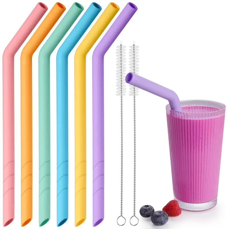 NiHome 6-Pack Bent Silicone Drinking Straws - 10.4" Length, 0.53" Wide Sip, Cuttable Customizable Length, Rainbow Colors, Eco-Friendly, Durable, Dishwasher Safe, Child-Safe, Thick Drink Ready, 2 Boba-Cleaning Brushes, Kitchenware Bar Utensils, Great Gifts