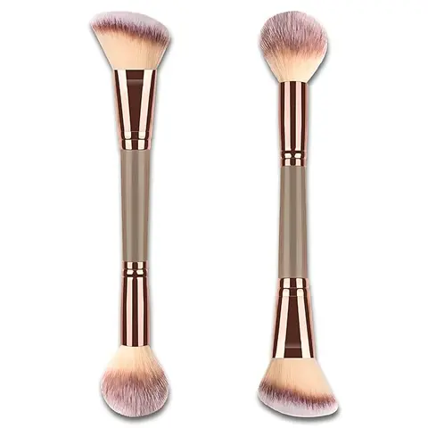 Dual-Ended Contour Makeup Brush - Angled Foundation, Round Top Precision Multitasker, Synthetic Hair Nylon Bristles, Fine Tips, Durable Shed-Free Buffer for Smooth Blending Liquid, Powder, Cream Makeup (Brown & Champagne Gold)