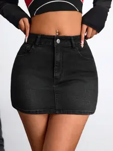 Sexy High Waist Elastic Denim Skirt, Stretch Skirt, Casual Fashion Slim Fit Shorts, Pocket Design, Daily Wear, Soft Cotton Fabric, Comfortable