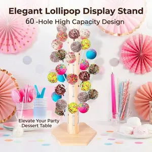 60-hole natural wood cake and lollipop stand, reusable hexagonal base lollipop holder, sturdy and easy-to-assemble display stand, suitable for parties, weddings and candy buffets.