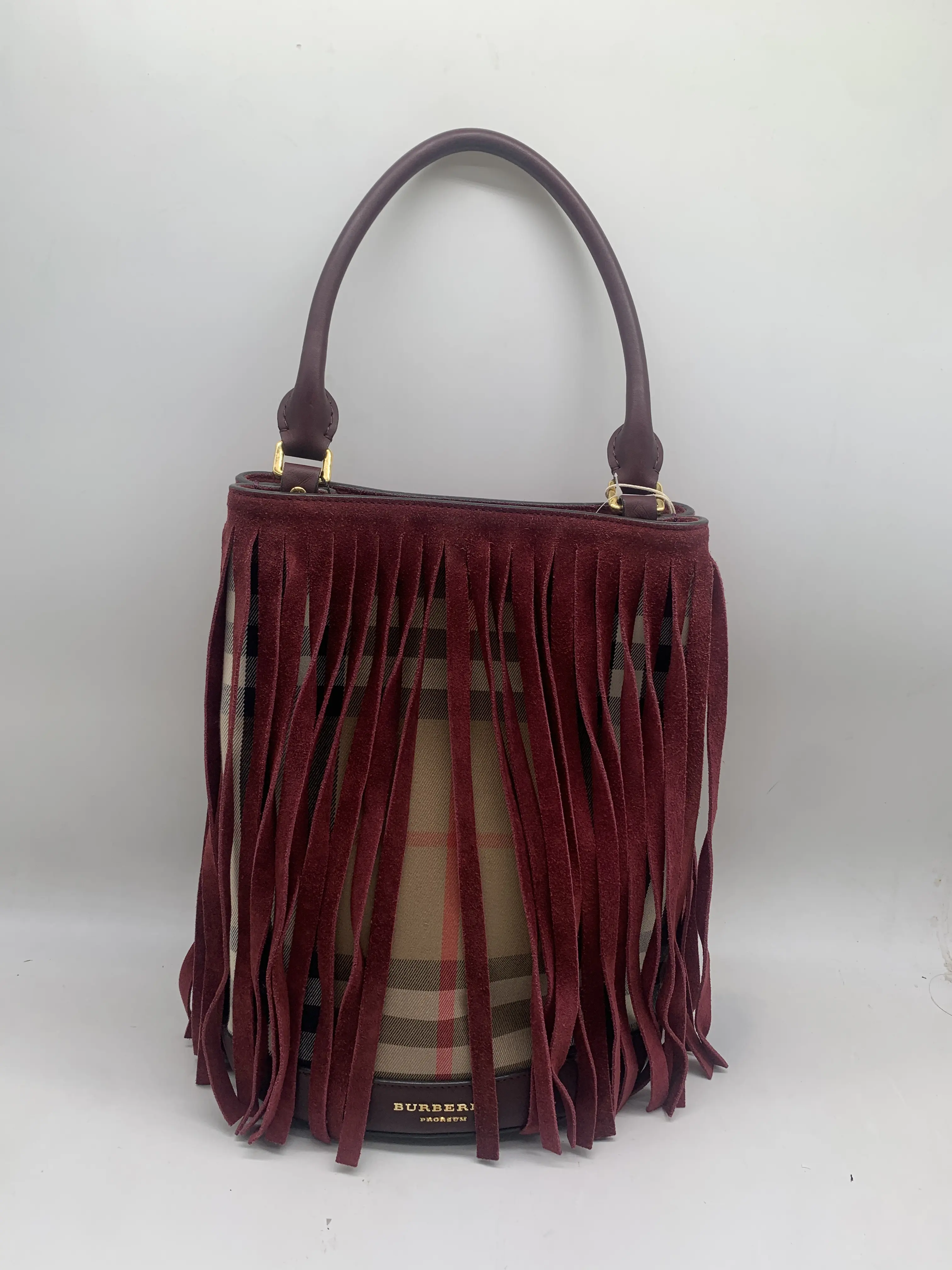 Pre-owned BURBERRY Classic Check Fringe Bucket Bag, Burgundy Leather/wj09918042/8042