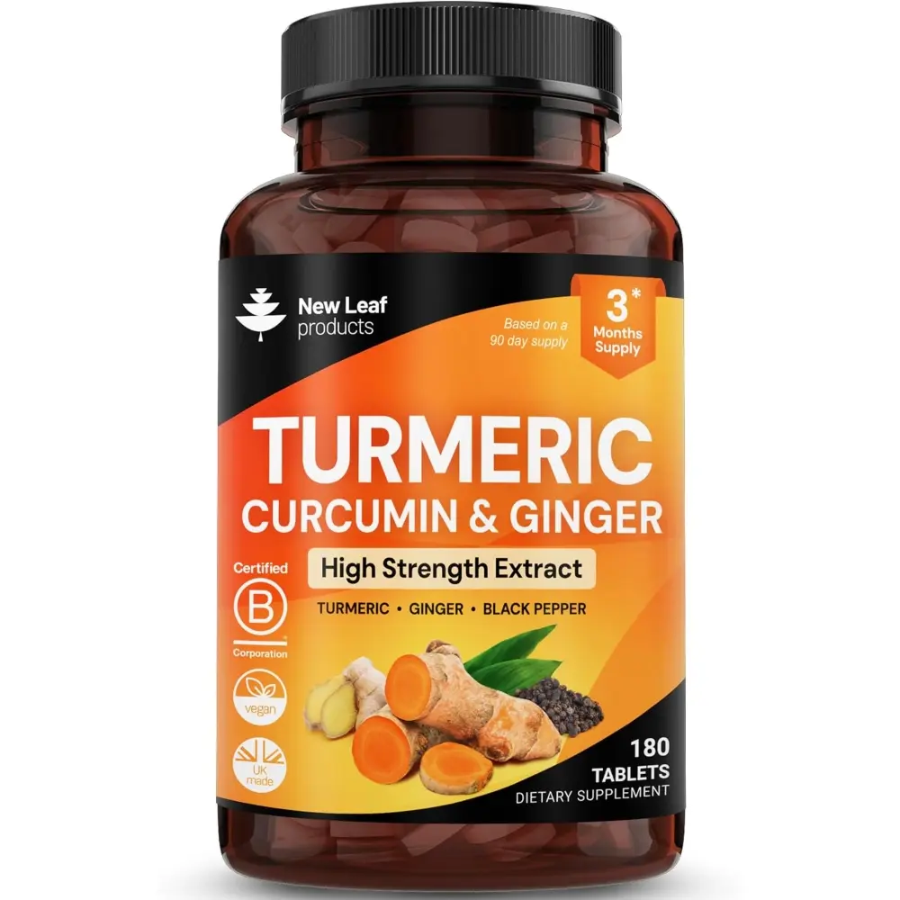 Turmeric Curcumin 180 Tablets with Black Pepper & Ginger, High Strength Turmeric Supplement, 3 Month Supply, Daily Wellness Support