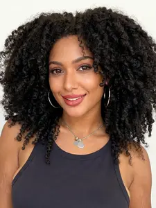 Short Kinky Curly Afro Bomb V Part Wigs for Women, Synthetic Shoulder-Length Wig without Bangs, Perfect for Beginners Daily Use.