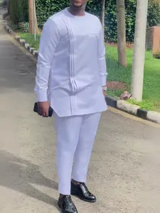 Traditional Muslim Set African Style Men's Wedding Formal New Suit 2-Piece Round Neck Long Sleeve Top and Pants