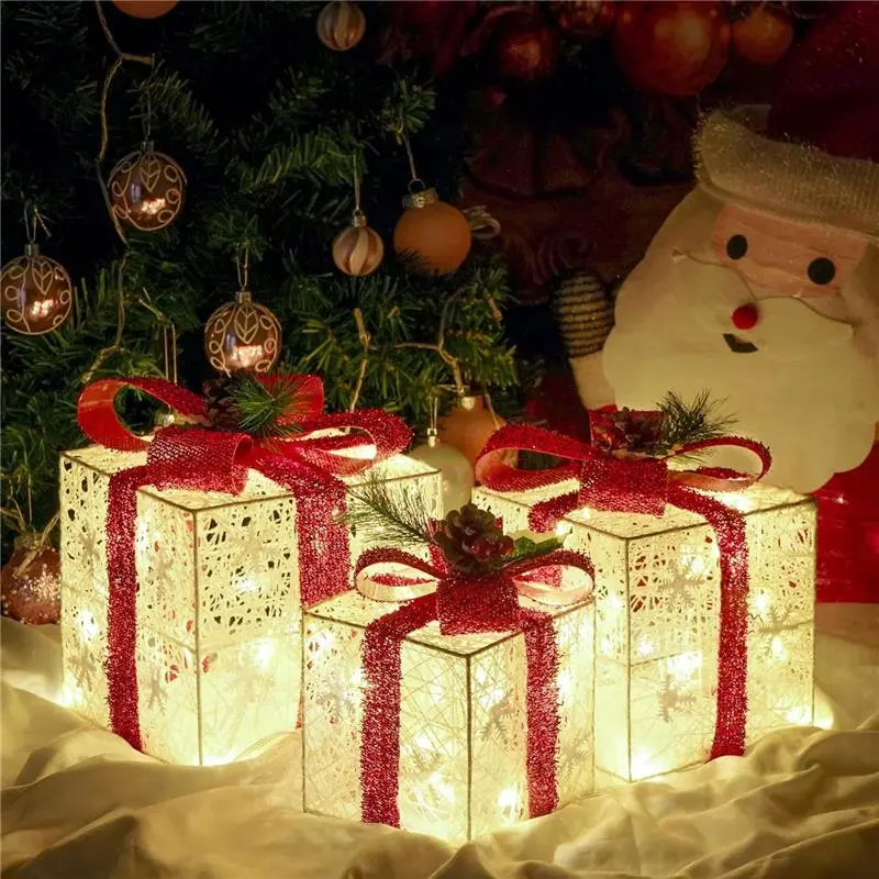 Christmas Decorations Set of 3 Lighted Gift Boxes Battery Operated Warm White LED with Bows for Indoor Christmas Tree Yard Home Decor with Timer Function and Easy Storage