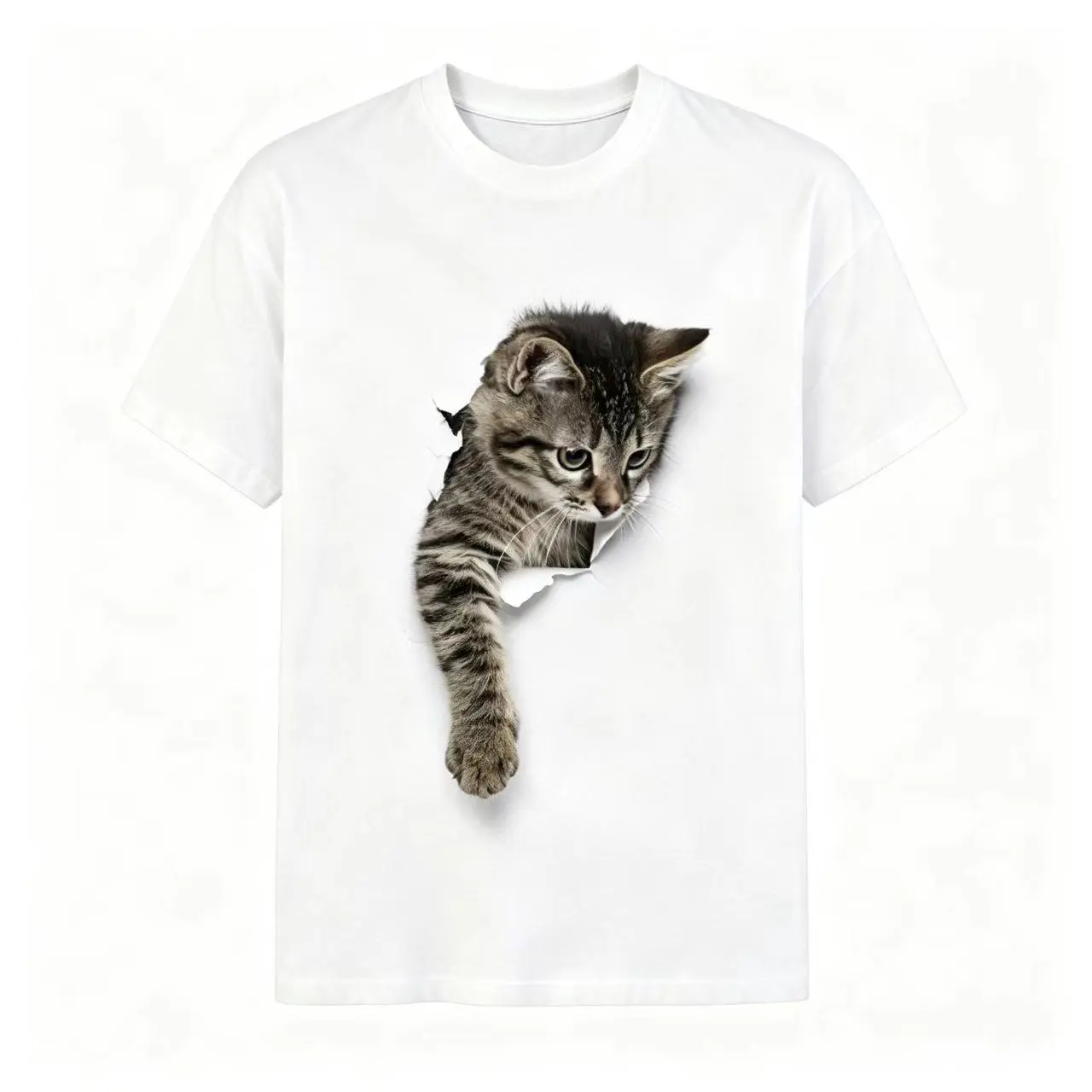 3D Torn Paper Peeking Tabby Cat Realistic Optical Illusion Graphic T-Shirt(No Box Included)