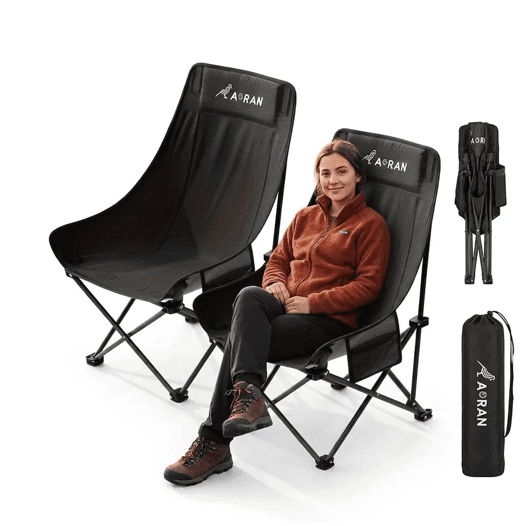 AORAN 2-Pack Foldable Moon  Chairs, portable camping chairs with reinforced steel frames, durable Oxford fabric, side pockets, ergonomic high backs, and carry bags for outdoor use.