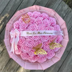 Pink Eternal Roses with Crown and Butterflies Bouquet - Custom Message Included, Ruffled Edge, Satin Ribbon, Floral Arrangement for Special Occasions
