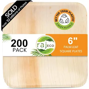 Raj Palm Leaf Plates [200-Pack] 6" Square Plates like Bamboo plates Disposable, Strong, Decorative Compostable Tableware for wedding, Lunch, Dinner, Birthday, Camping, Outdoor BBQ, Picnic