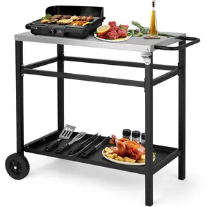 Upgraded Grill Dining Cart Table, Stainless Steel Bar Table Top, Movable Kitchen Island Stand for Outdoor Food Prep, Pizza Oven, Charcoal Accessories, Patio, Garden, Parties