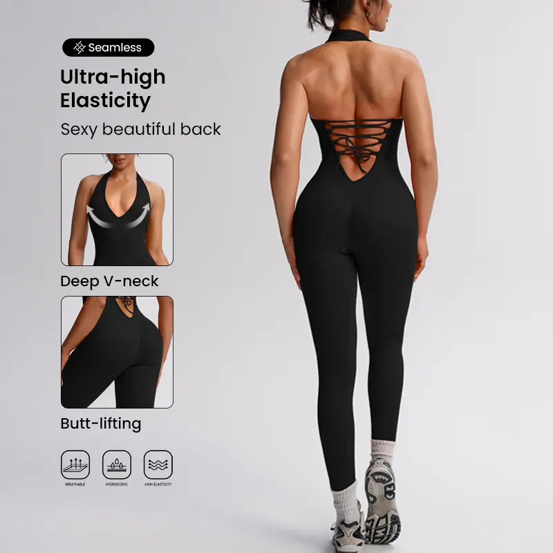 HIJESSE Women's Deep V-Neck Halter Jumpsuit, Sculpting Bodycon Design, Soft Ribbed & Non-See-Through, Perfect For Workout, Pilates, Streetwear & Night Outfits, Spring & Summer