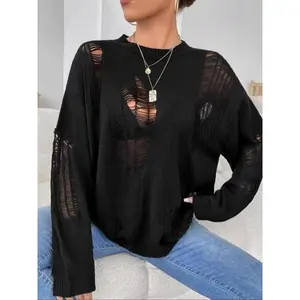 Women's Basic Minimalist Solid Color Ripped Drop Shoulder Sweater, Lady Soft Casual Comfort Long Sleeve Round Neck Jumper for Fall, Women's Knitwear for Daily Wear, Womenswear Knitting Tops