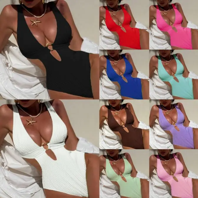 Multicolor Solid Jumpsuit Bathing Suit Female Beachwear