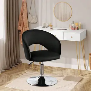 Black Makeup Chair Vanity With Hollow Back Modern Round Velvet Upholstered Vanity Chair Height Adjustable Barrel Chair Luxurious Swivel Accent Chair For Lounge Pub Bar Living Room Bedroom Room Decor