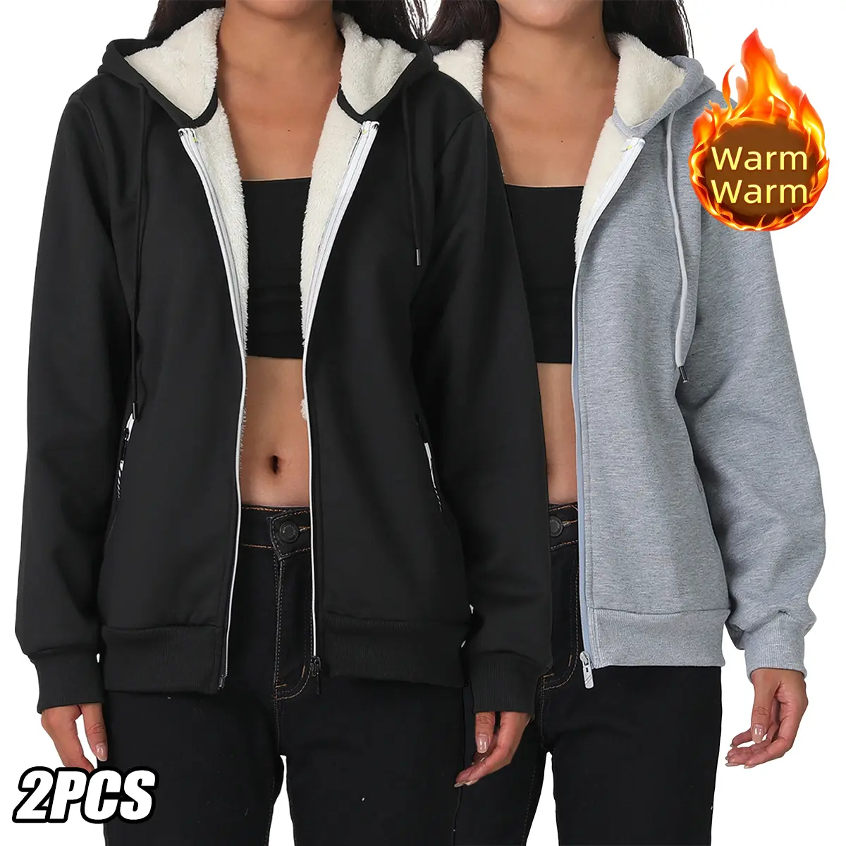 Women’s 2-Pack Winter Fleece Athletic Jacket – Casual, Versatile Solid Color Hooded Zip-Up Cardigan Jacket with Pockets