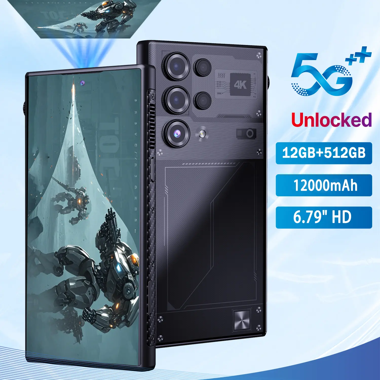 W&O 5G Smart Dual SIM Projector Phone Android 14 (Unlocked)12000mAh Battery – 12GB RAM + 512GB Storage (PD Fast Charging) – Face Unlock,120Hz Projection + OTG Mouse Support、68MP Triple Rear Cameras + 20MP Selfie, Full Band Support T-Mobile, AT&T, Verizon!