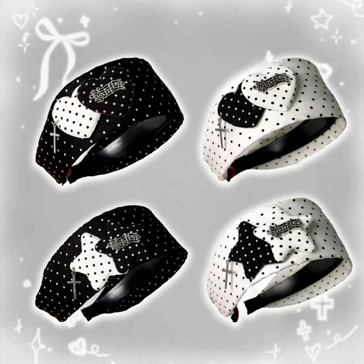 Y2K Polka Dot Wide Headband - Decorative Heart, Star, Cross, Music Note Hair Accessory for Sweet Gothic Alt Girls - Vintage Grunge Fashion Piece