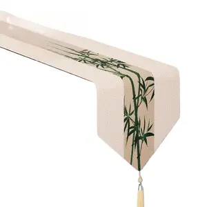 Waterproof Linen Tea Table Runner Zen Style Long Rectangular Dining Tablecloth with Triangular Rice Tassels Bamboo Lotus Plum Blossom