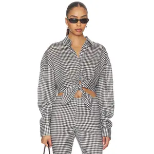 AEXAE x REVOLVE Linen Shirt Tie Top in Black & White Gingham