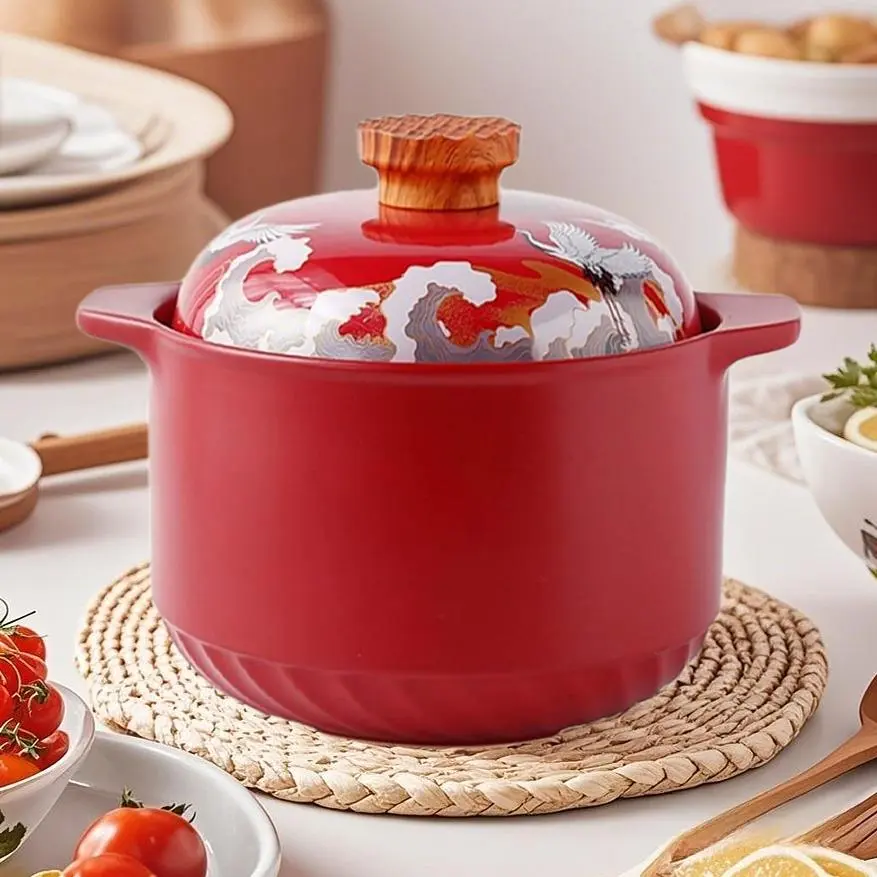 Chinese Style Ceramic Stockpot with Lid, 1 Count Exquisite Heat Resistant Stew Pot, Household Cookware for Soup, Rice, Hot Pot, Slow Cooking