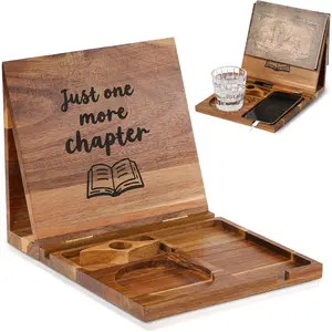 Book Holder Stand for Reading Rest, Wooden Foldable Book Rest with Book Page Holder, Cup, iPad & Phone Stand, Book Nook Reading Valet Desktop Triangle Bookstand Bookshelf for Readers Bookworms Gifts